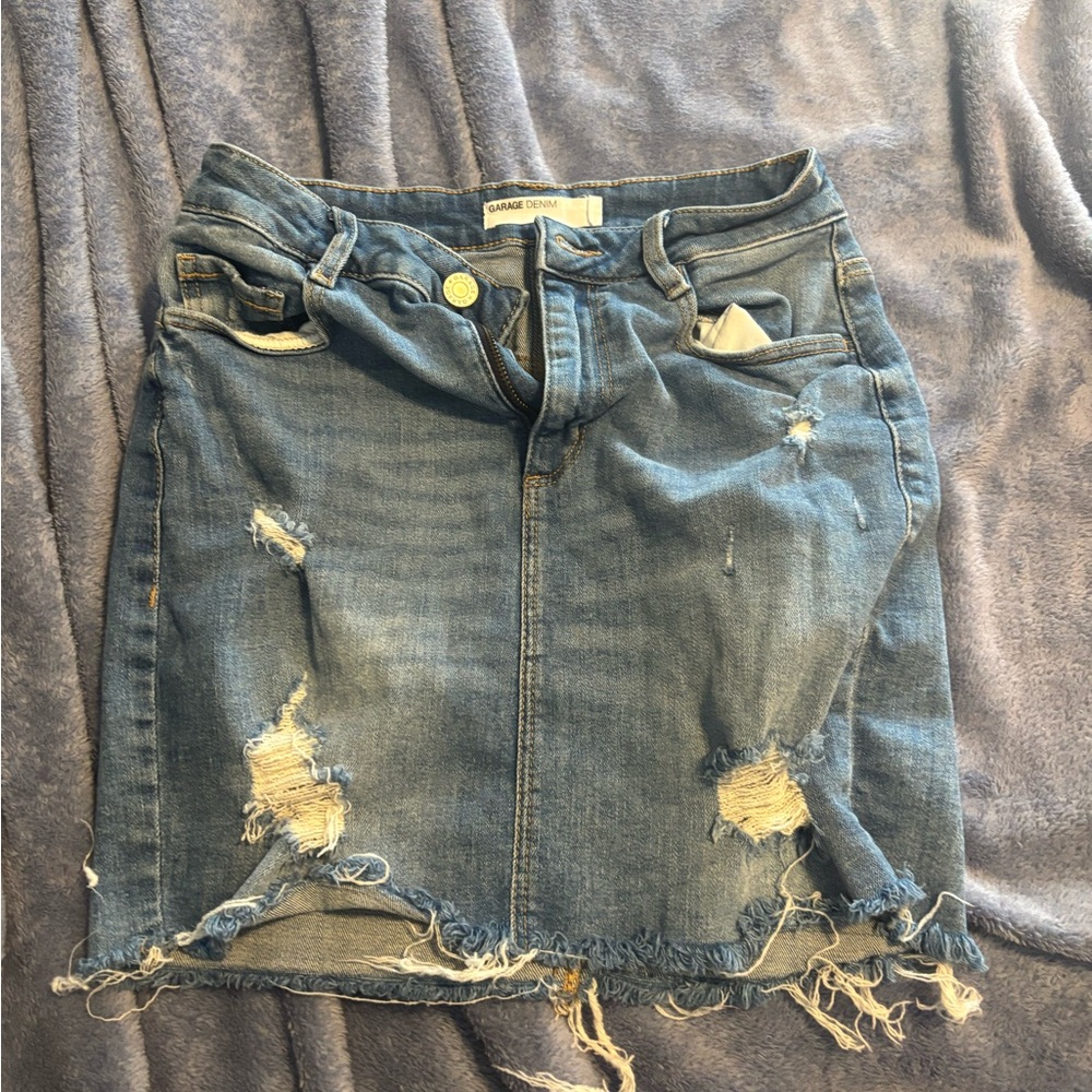 Garage Light Blue Ripped Denim Mini Skirt